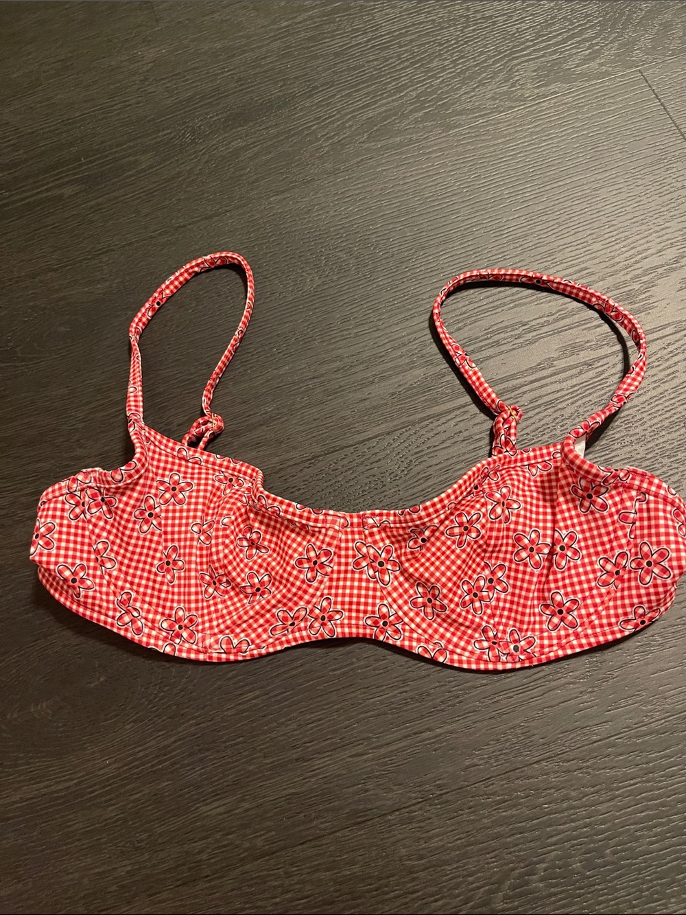 PINK x Frankie’s Bikinis Red Gingham Floral Swim Top
